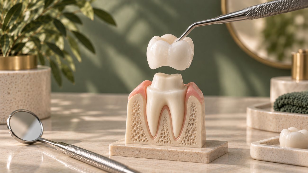 A crown being placed on a prepared tooth, shown on a model