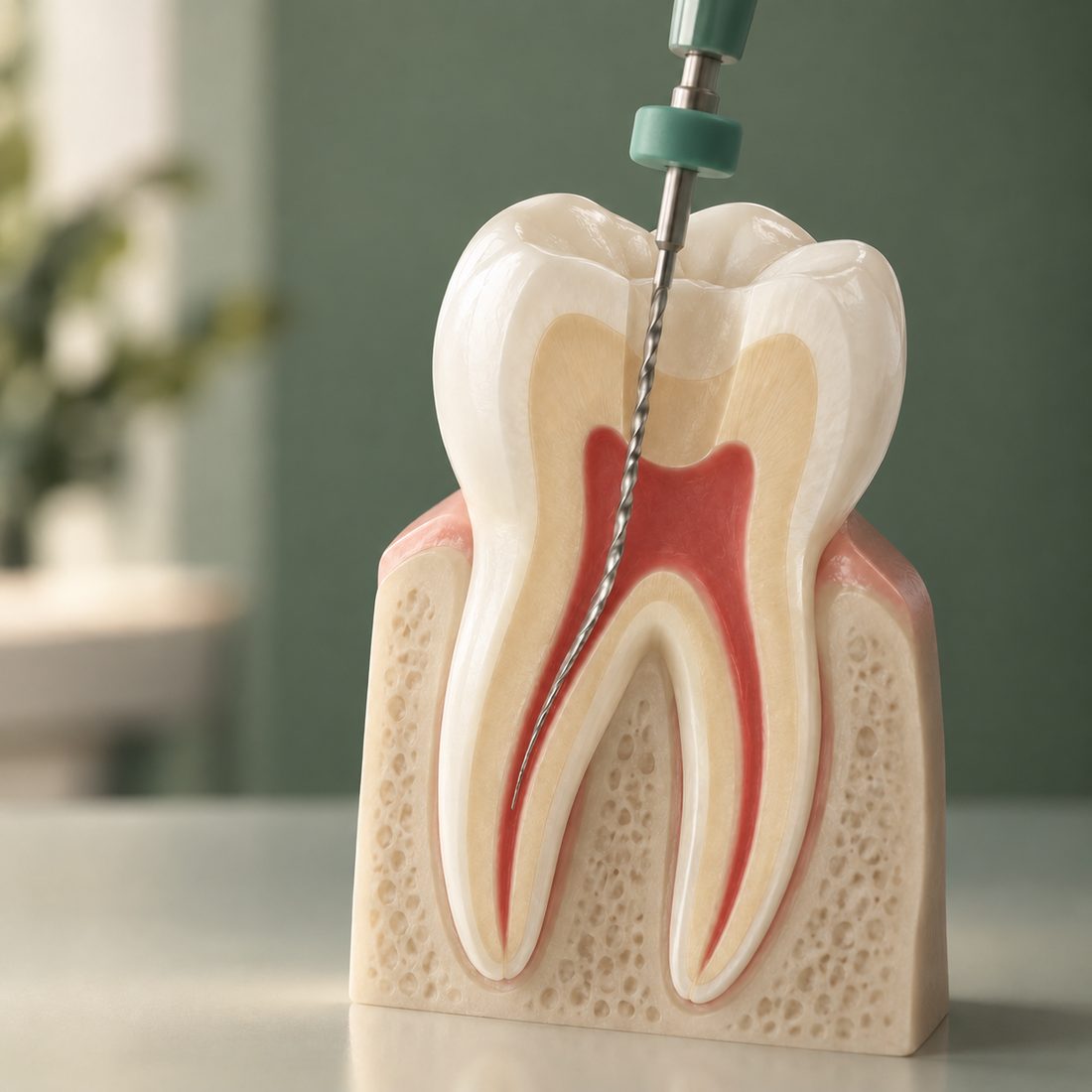 Cutaway model of a molar during root canal treatment