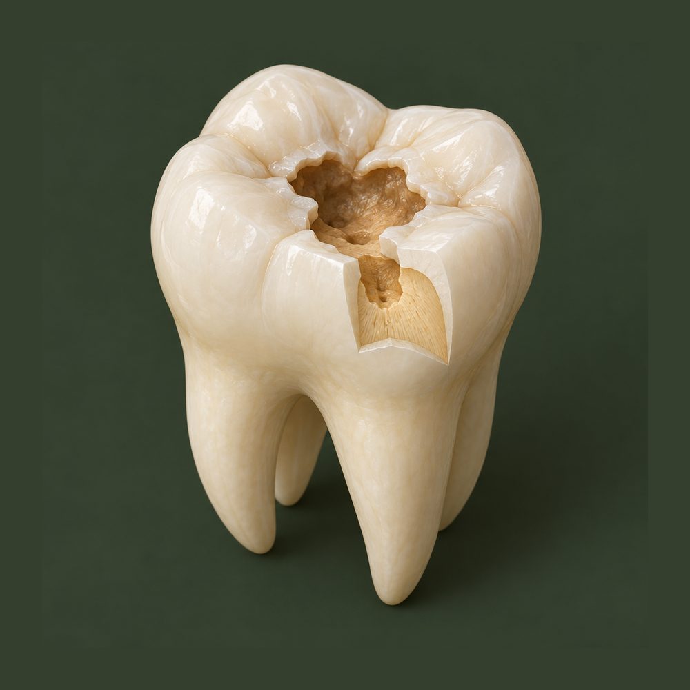 Model of a molar cut away to show decay reaching into the tooth
