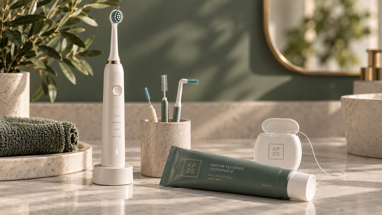 Toothbrush, interdental brushes, floss and toothpaste